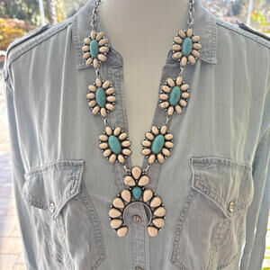 Western Cowgirl Boho Concho Squash Blossom Turquoise White Stone LongNecklace